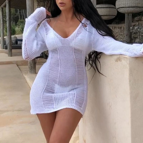 Knitted v neck sweater dress Female transparent long sleeve