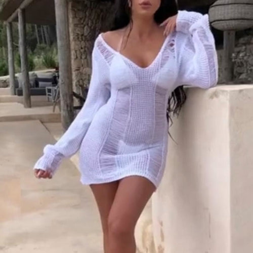 Knitted v neck sweater dress Female transparent long sleeve