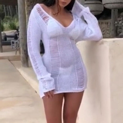 Knitted v neck sweater dress Female transparent long sleeve