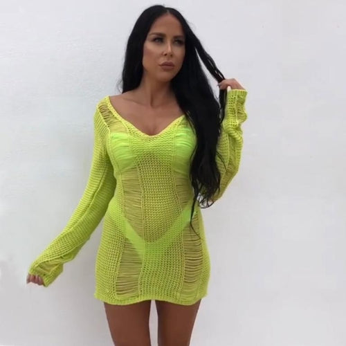 Knitted v neck sweater dress Female transparent long sleeve