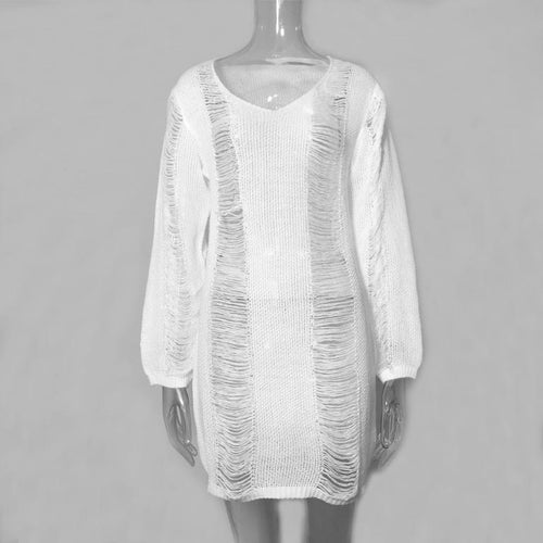 Knitted v neck sweater dress Female transparent long sleeve