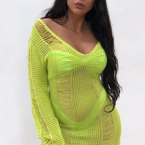 Knitted v neck sweater dress Female transparent long sleeve